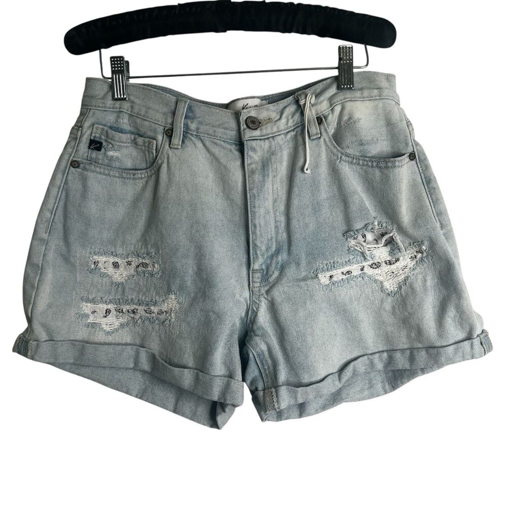 NWOT Kancan Womens Shorts Sz Large Daisy Denim Light Wash Roll Up Festival